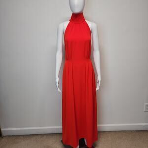 Lela Rose Stretch Crepe Halter Maxi Dress Size 8 Red Orange Couture Designer